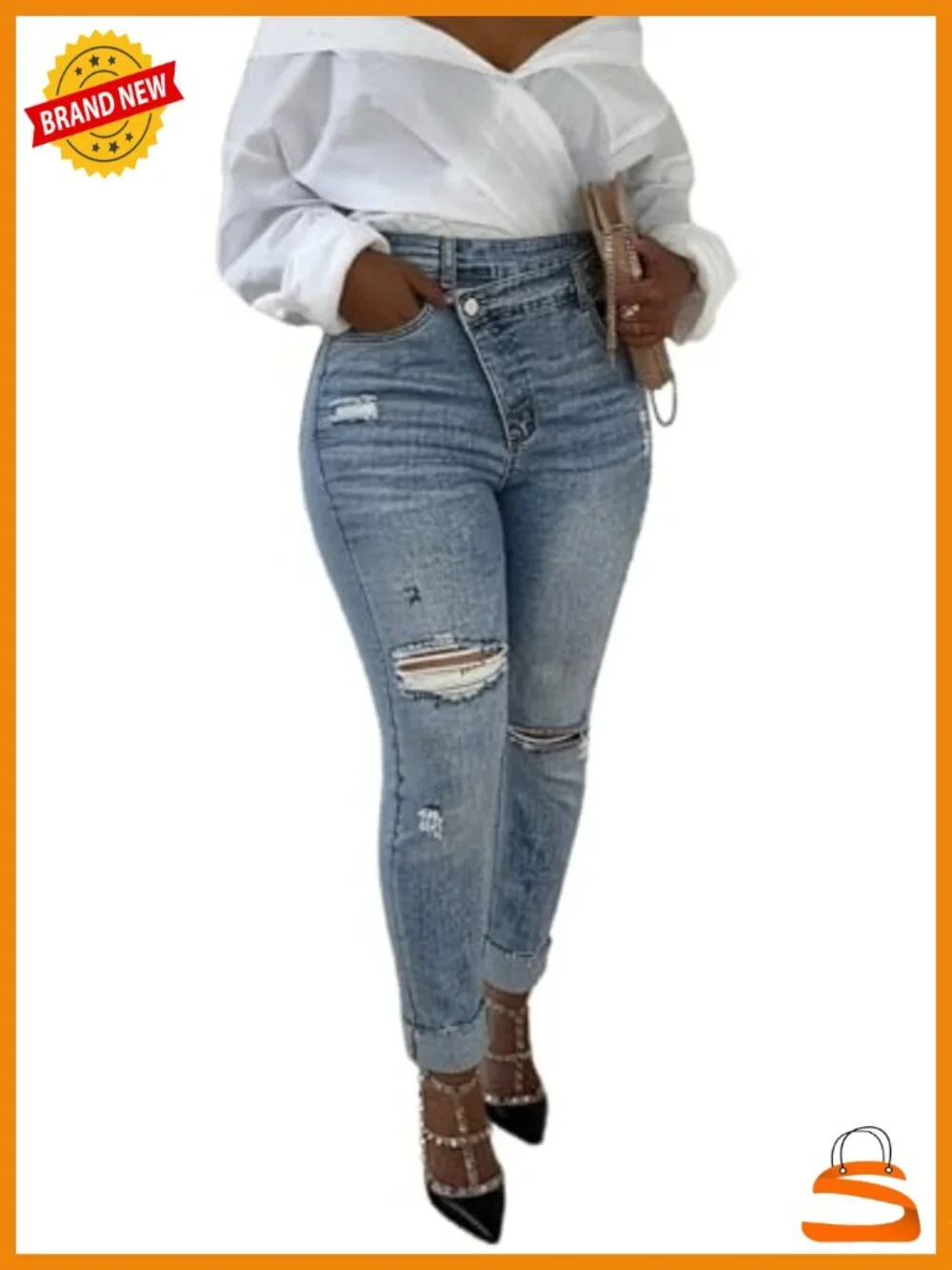 Cuffed Ripped Skinny Stretchy Denim Jeans Y2K Distressed